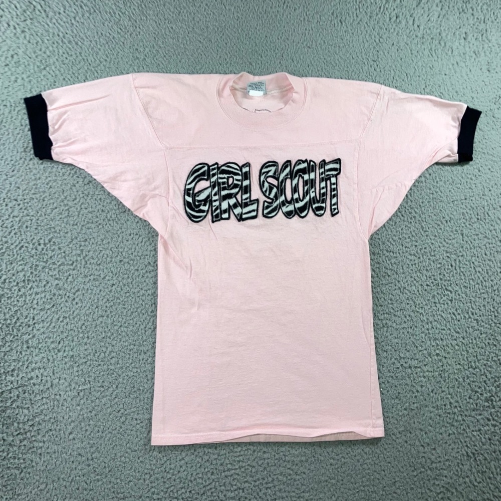 Vintage Girl Scout Ringer T-Shirt Pink Zebra Print Troop 90 Jersey Women XS